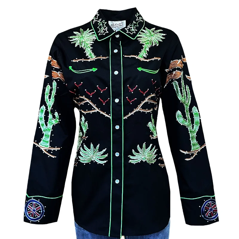 Women's Porter Wagoner Black Embroidered Western Shirt Trendy Print Short Sleeve