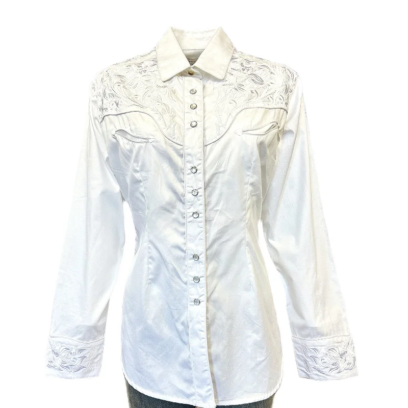 Women's Vintage Tooling Embroidery White-on-White Western Shirt Trendy Short Sleeve Tunic