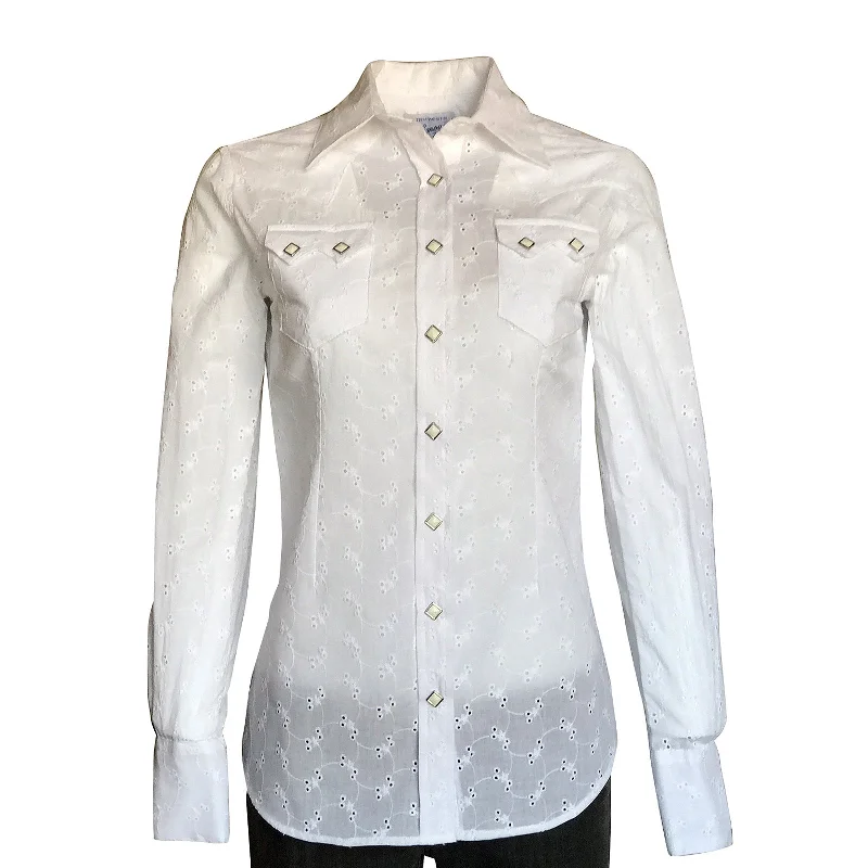 Women's White Eyelet Embroidery Western Shirt Casual Ruffle Short Shirt