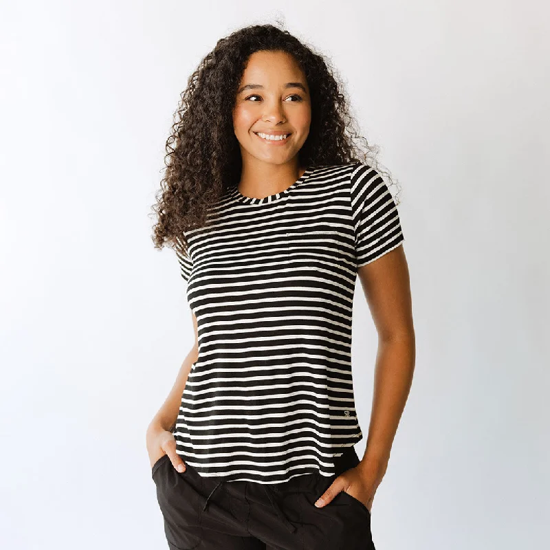 Basic Tee, Ivory and Black Stripe Asymmetrical Pockets Print