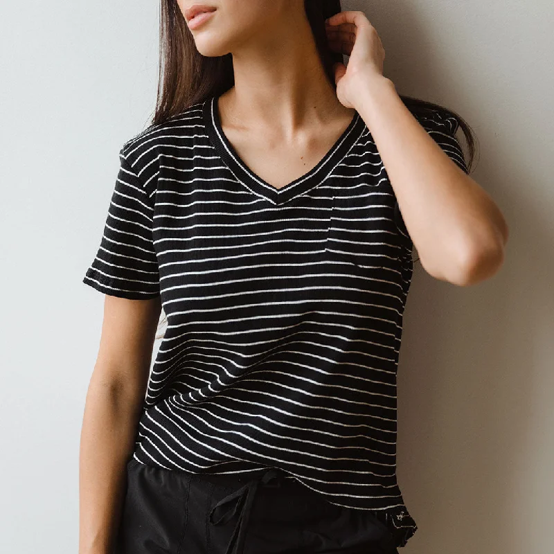 Basic V Neck Tee, Chunky Black and White Stripe Polka Dot Checkered Tartan