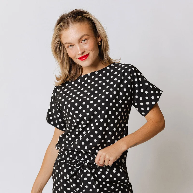 Boss Tee, Black Polka Dot Front Pockets Side Pockets Patch Pockets