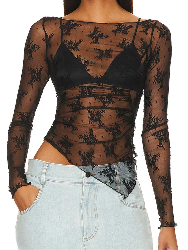 Lace Floral Long Sleeve Asymmetrical Hem Crop Mesh See Through Black Slim T-shirts Polka Dot Checkered Tartan