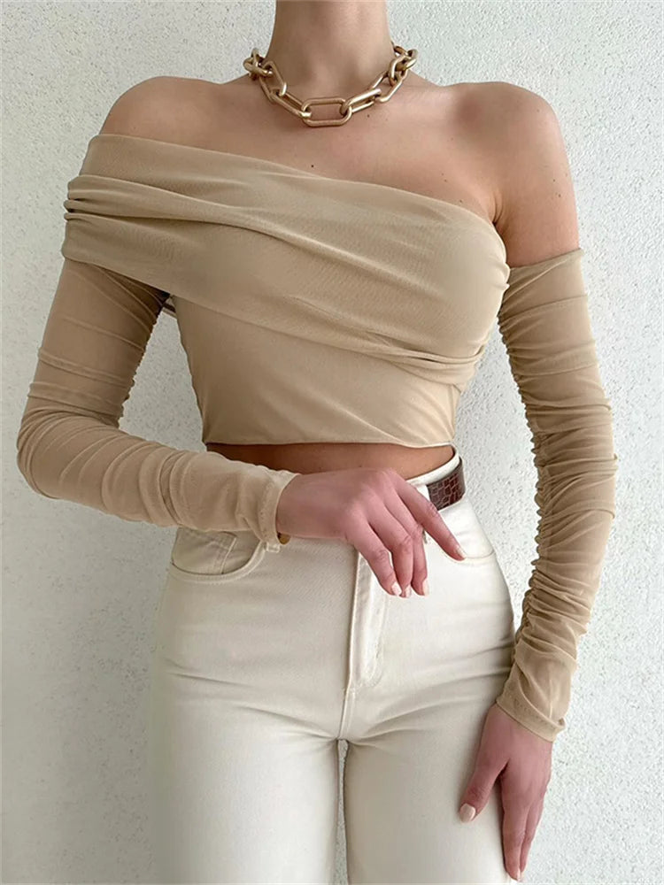 Mesh Sheer See Through Crop Off Shoulder Ruched Long Sleeve Summer New T-shirts Real Fur Shearling Chenille