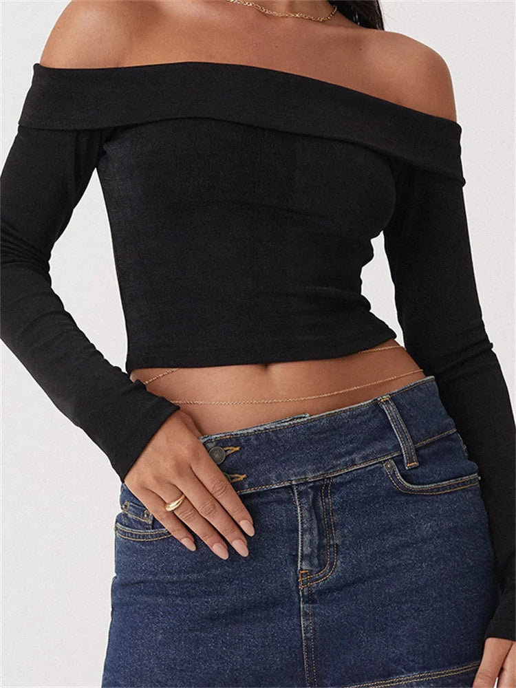 Sexy Long Sleeve Slim Fit Casual Exposed Navel Solid Slash Neck Off Shoulder T-shirts Cashmere Blend Cotton Blend Poly Blend