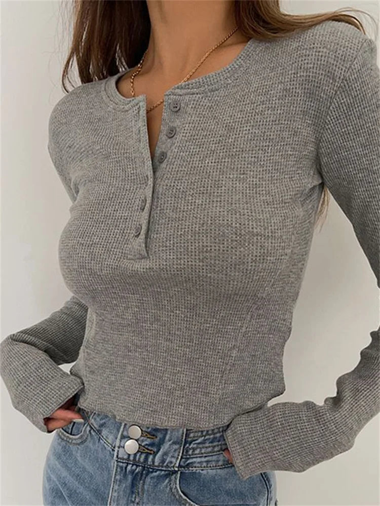 Solid Ribbed Basic Long Sleeve Ruched Casual Knitted Buttons Up T-shirts Solid Print Embellished