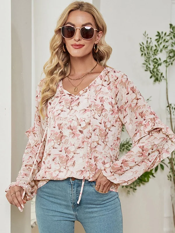 Long Sleeve Floral Printed Loose Chiffon T-Shirt Handmade Hand-knitted Hand-woven