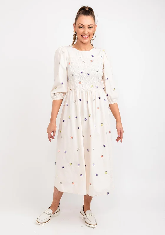 b.young Embroidered Floral Midi Dress, Beige Cozy T-shirt Midi Dress