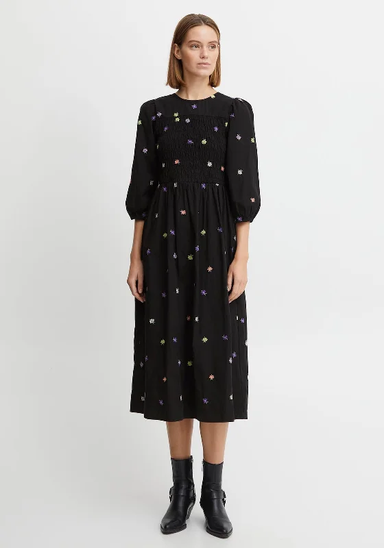 b.young Embroidered Floral Midi Dress, Black Trendy Off-Shoulder Ruffle Midi Dress