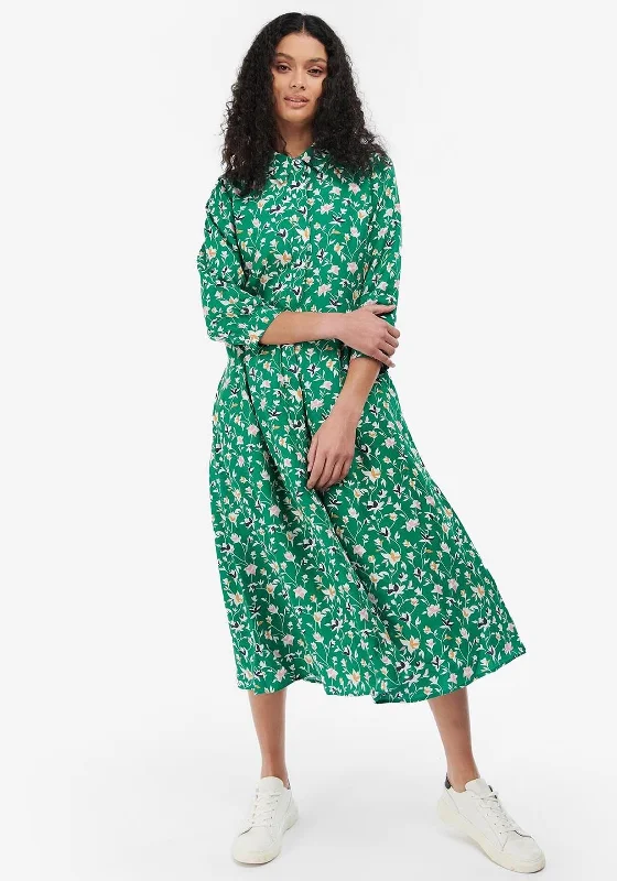 Barbour Womens Rosoman Midi Dress, Green Stylish Silk Midi Dress