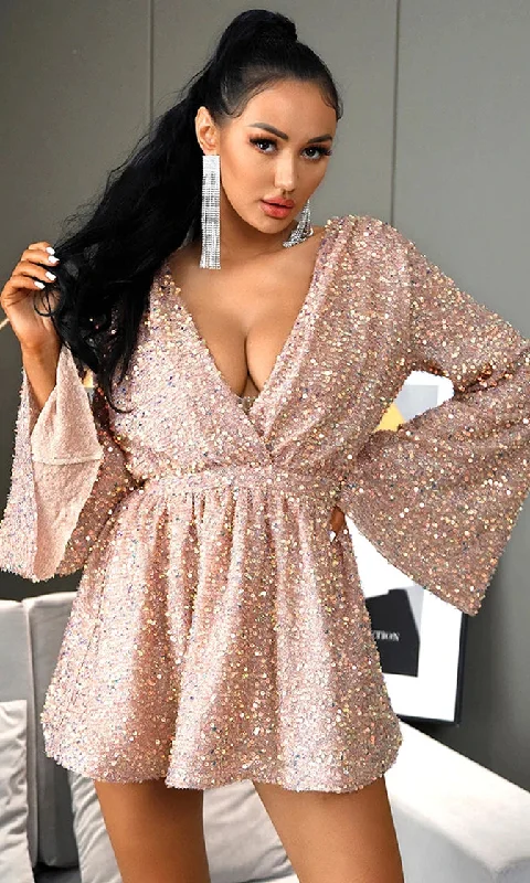 Bedroom Eyes Rose Gold Pink Champagne Sequin Long Sleeve Plunge V Neck Wrap Open Back Belted Mini Dress Fashionable Summer Mini Dress