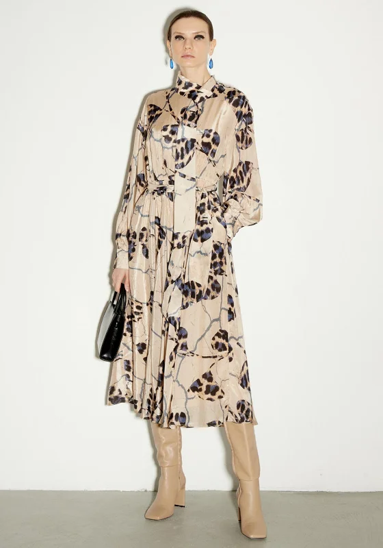 Birelin Animal Print A-line Midi Dress, Beige Multi Elegant Satin Button Midi Dress