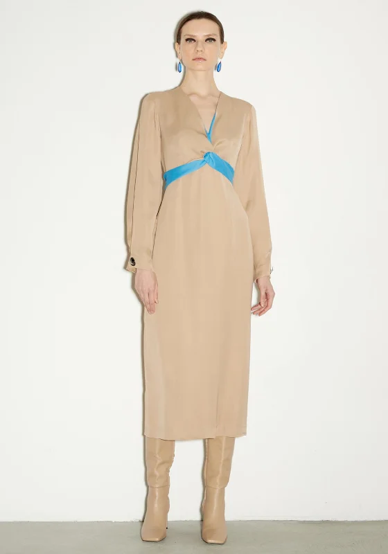 Birelin V Neck Midi Dress, Beige & Blue Stylish Tiered Midi Dress