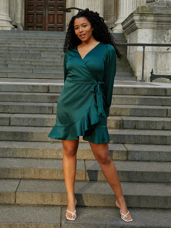 Bobbi Wrap Satin Mini Dress / Forest Green Comfortable Off-Shoulder Mini Dress