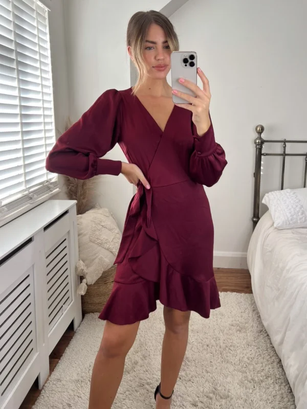 Bobbi Wrap Satin Mini Dress / Merlot Trendy Crossover Mini Dress