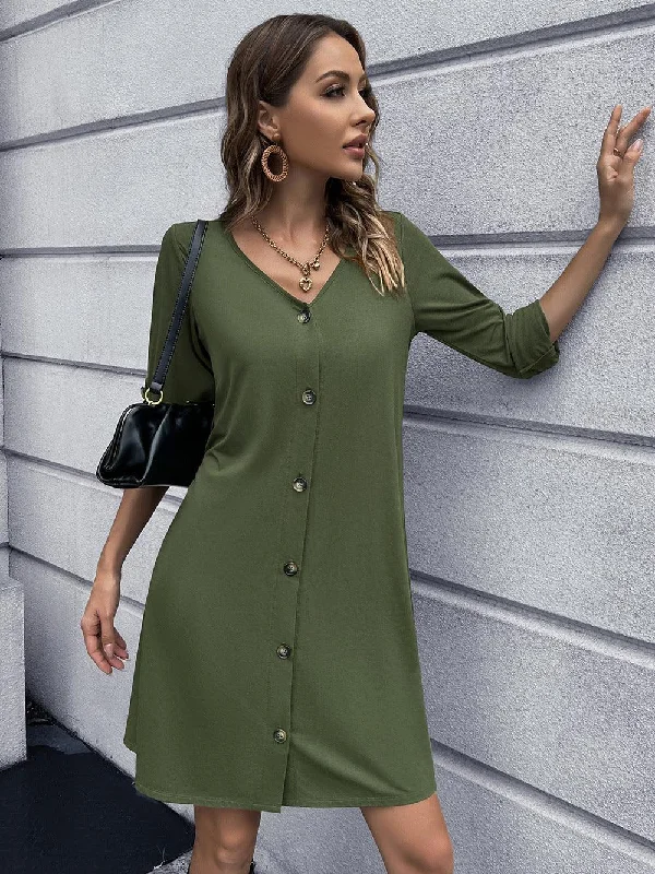 Button Down V-Neck Mini Dress Comfortable Boho Mini Dress