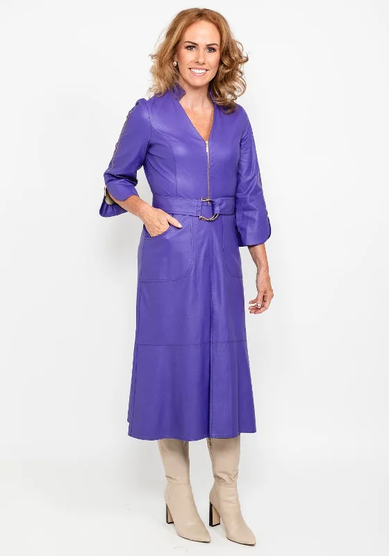 Camelot Faux Leather Midi Dress, Purple Cozy Midi Dress with Pockets