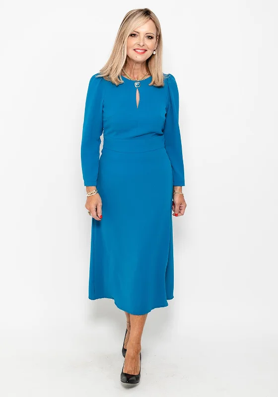 Camelot Button Neck A Line Midi Dress, Petrol Blue Cozy Knit Midi Dress