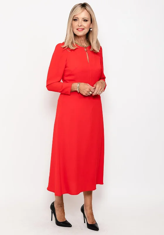 Camelot Button Neck A Line Midi Dress, Red Elegant Satin Midi Dress