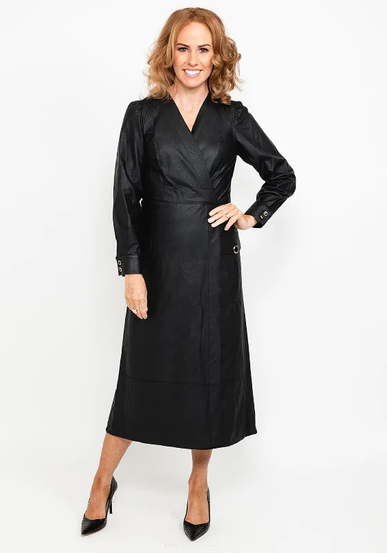 Camelot Faux Leather Wrap Midi Dress, Black Stylish Silk Midi Dress