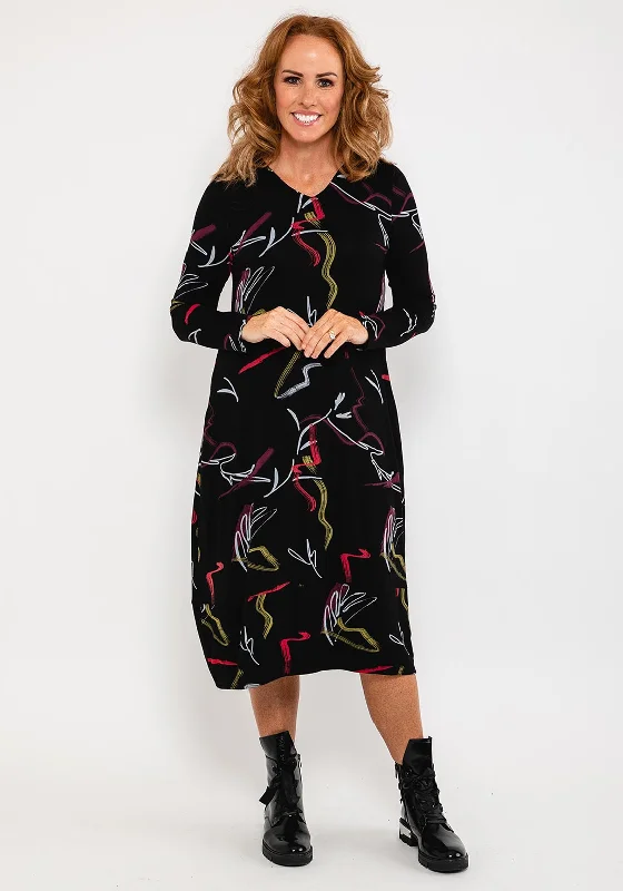 Capri Artistic Print Midi Dress, Black Trendy Square Neck Midi Dress