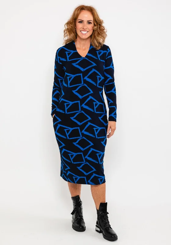 Capri Square Outline Midi Dress, Navy & Cobalt Trendy Knit Midi Dress