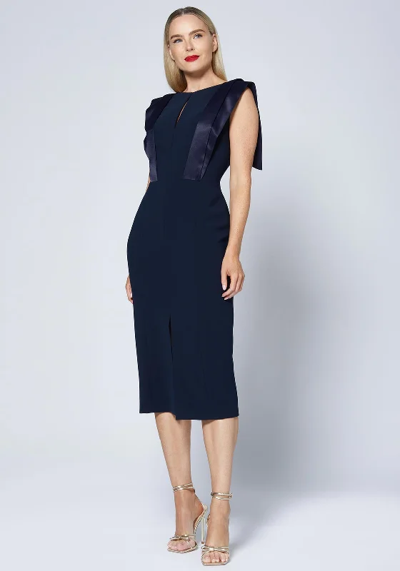 Caroline Kilkenny Brooke Satin Shoulder Midi Dress, Navy Trendy Mock Neck Midi Dress