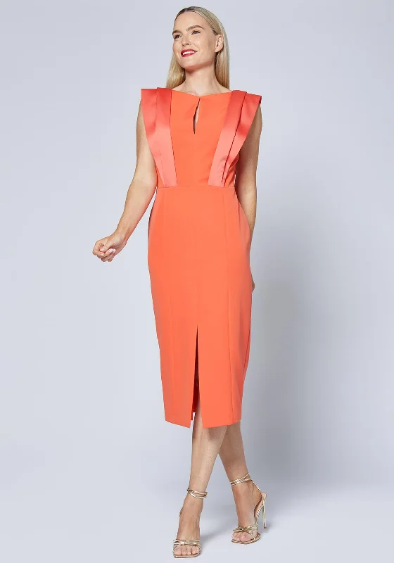 Caroline Kilkenny Brooke Satin Shoulder Midi Dress, Orange Stylish Pleated Skirt Midi Dress