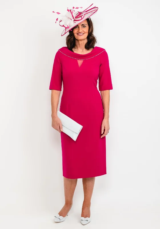 Cassandra Diamante Trim Cowl Midi Dress, Magenta Trendy Flared Sleeve Midi Dress