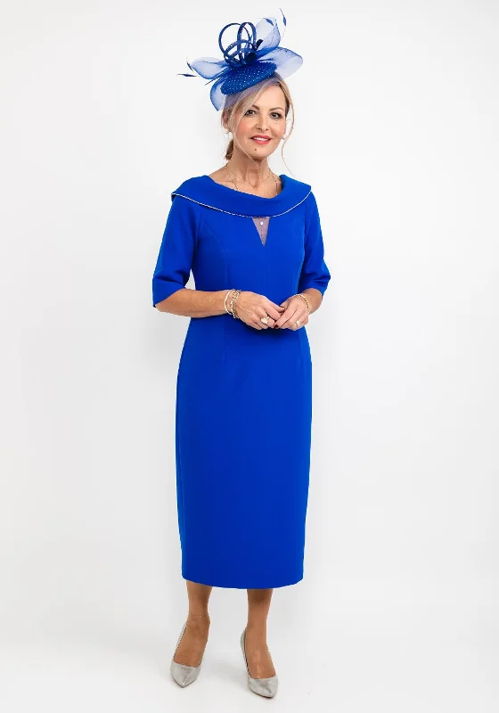 Cassandra Diamante Trim Cowl Midi Dress, Royal Blue Fashionable Floral Embroidery Midi Dress