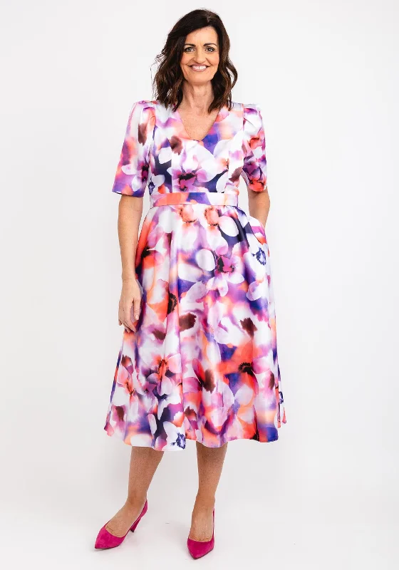 Casting Watercolour Floral Midi Dress, Violet Multi Stylish Off-Shoulder Ruffle Dress