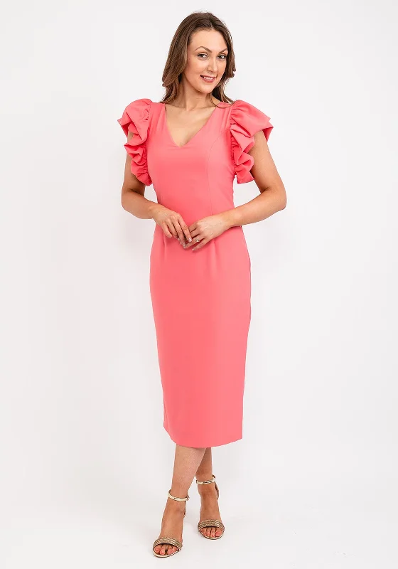 Casting Gathered Shoulder Midi Dress, Coral Trendy Midi Dress with Belt