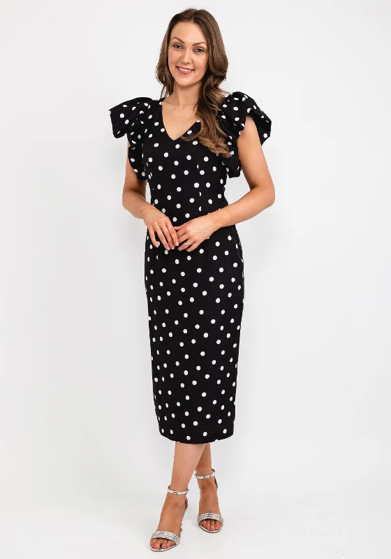 Casting Polka Dot Gathered Shoulder Midi Dress, Black Elegant Sleeveless Midi Dress