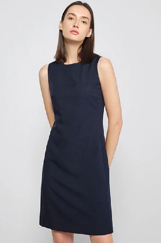 Chic Round Neck Solid Color Fitted Sleeveless Mini Dress - Navy Blue Cozy Ribbed Mini Dress