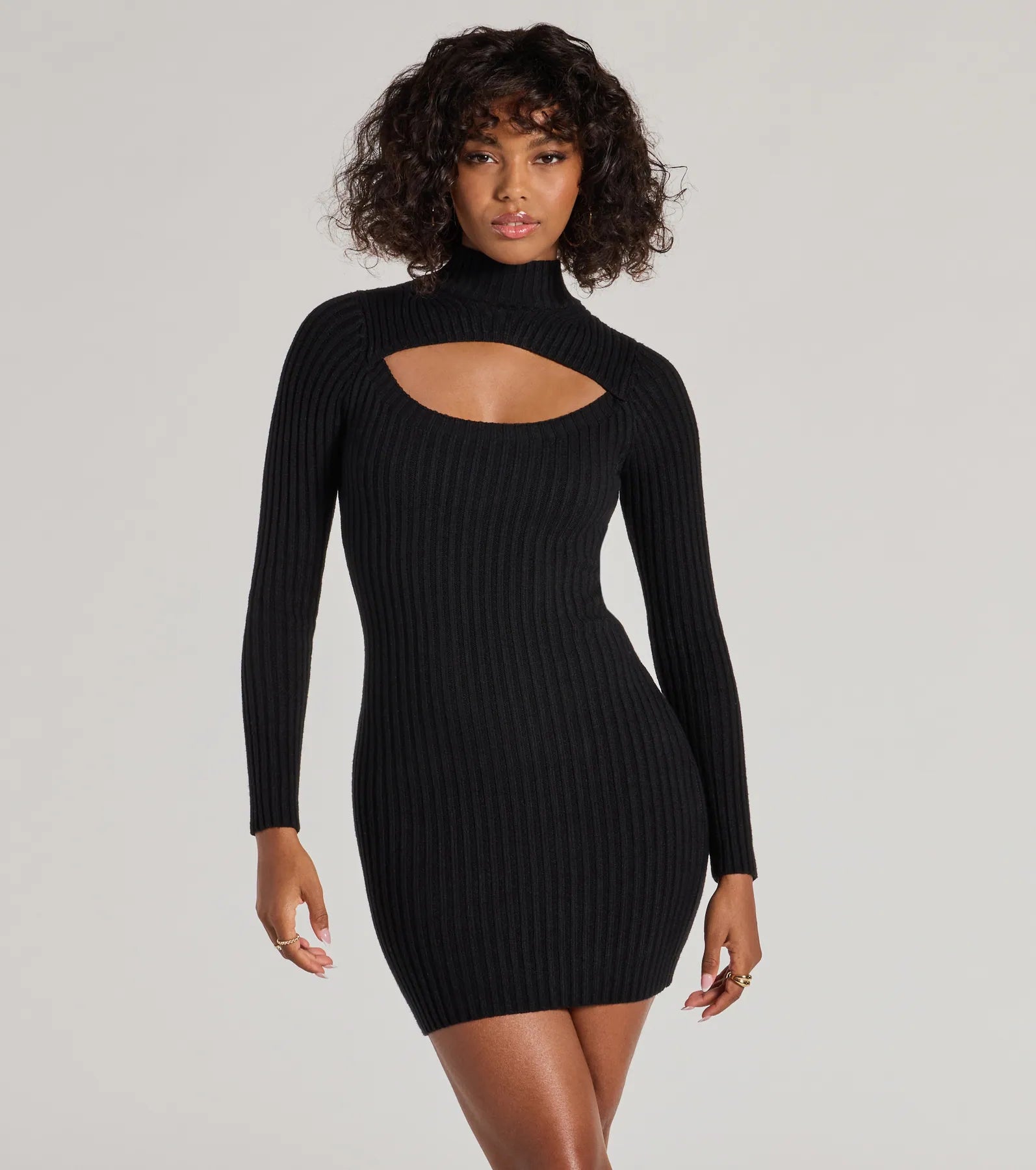 Chic Season Mock Neck Cutout Ribbed Knit Mini Dress Fashionable Mini Dress with Pockets