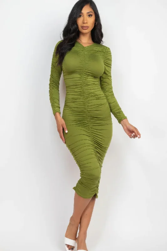 Olive Green Ruched Long Sleeve Bodycon Midi Dress Trendy Smocked Waist Midi Dress