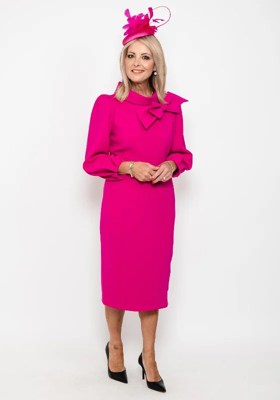 Claudia C Maia Bow Neck Midi Dress, Fuchsia Classic Black Midi Dress