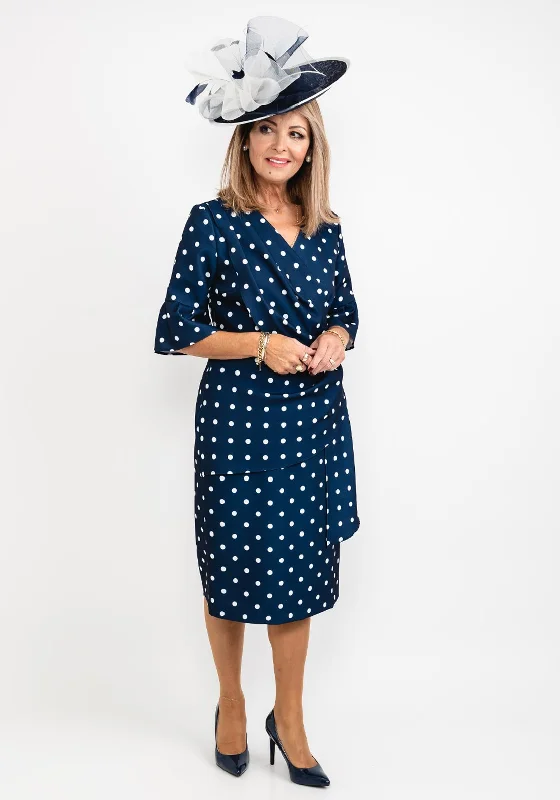 Coco Doll Robi Polka Dot Draped Midi Dress, Navy Stylish Satin Midi Dress