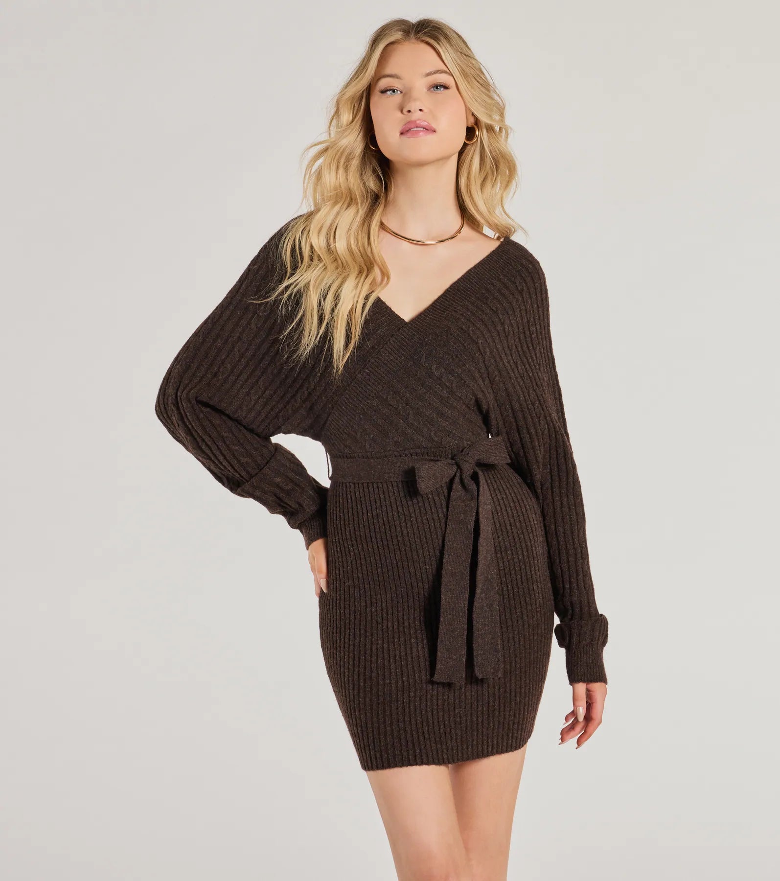 Cozy Fave Cable Knit Long Sleeve Mini Dress Trendy Off-Shoulder Dress Mini