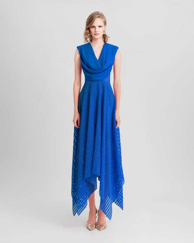 Crochet Lace Royal Blue Midi Dress Elegant Satin Slip Midi Dress