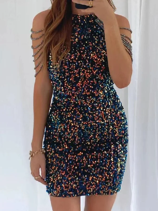 Crystal Tassel Bag Hip Dress Sexy Glitter Sequins Hanging Neck Mini Dress Trendy Denim Mini Dress