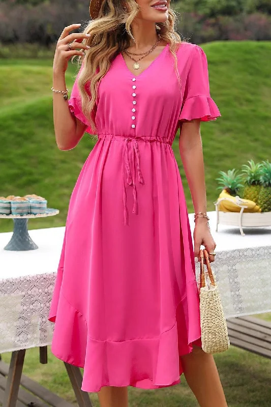 DRAWSTRING RUFFLED PUFF MIDI DRESS Fashionable Sheer Sleeve Midi Dress