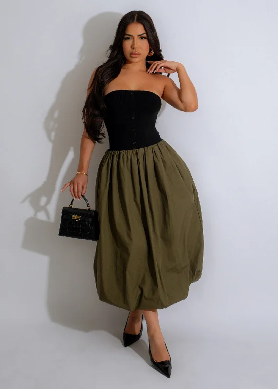 Dual Harmony Ribbed Midi Dress Green Elegant Satin Button Midi Dress