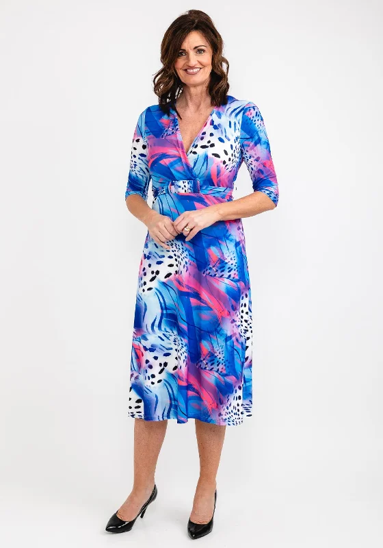 Ella Boo Mix Print Midi Dress, Blue Multi Elegant Pleated Detail Midi Dress