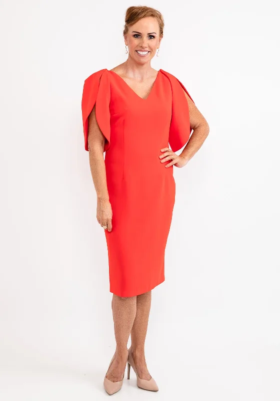 Ella Boo Oversize Tulip Sleeve Pencil Midi Dress, Red Trendy Tiered Hem Midi Dress