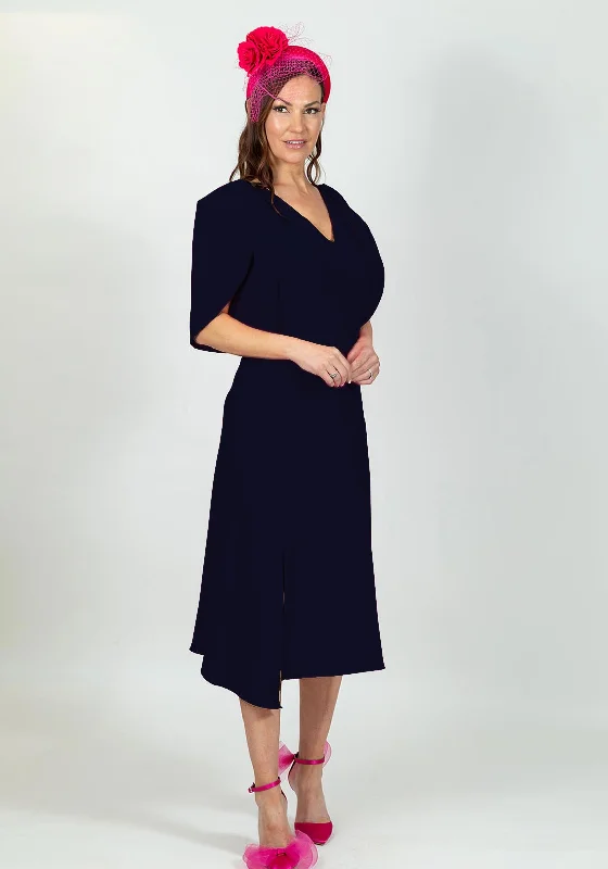 Ella Boo Oversize Tulip Sleeve Midi Dress, Navy Trendy Off-Shoulder Button Midi Dress