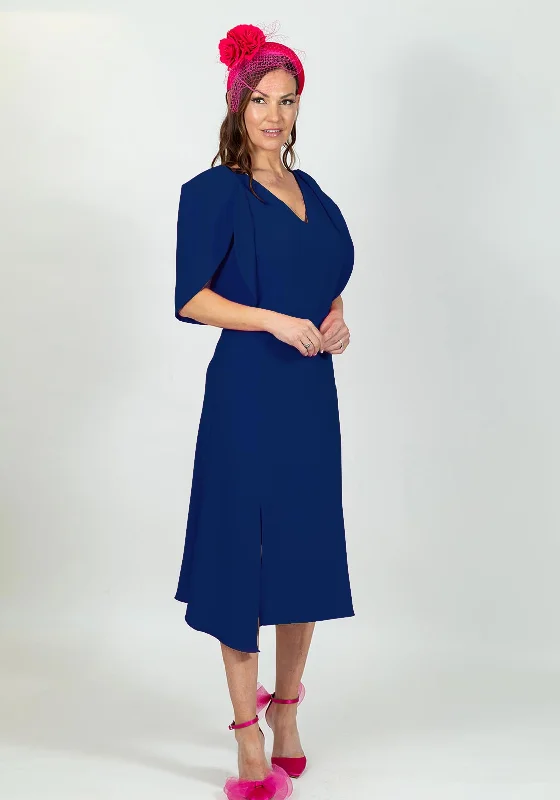 Ella Boo Oversize Tulip Sleeve Midi Dress, Royal Blue Stylish Long Sleeve Floral Midi Dress