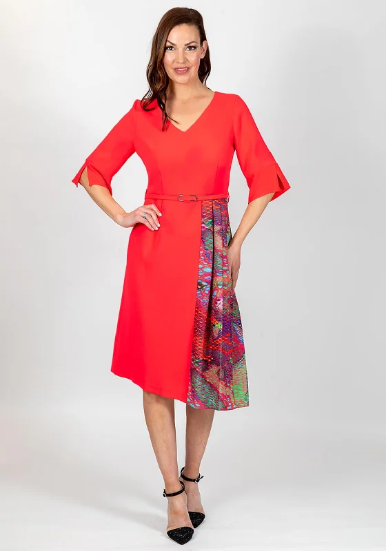 Ella Boo Print Pleat Panel Midi Dress, Hot Pink Elegant Floral Skirt Midi Dress