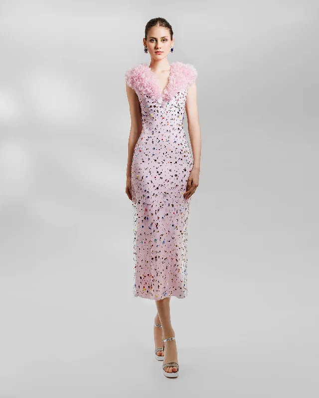 Beaded Pink Midi Dress Chic Floral Print Midi Dress