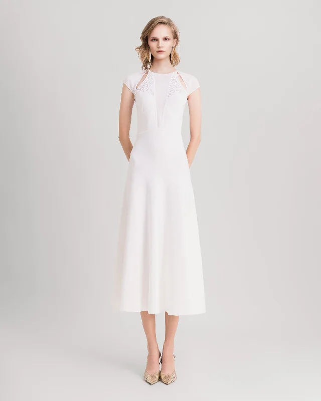 White Knit Midi Dress With Cut-Outs Fashionable Sheer Sleeve Midi Dress